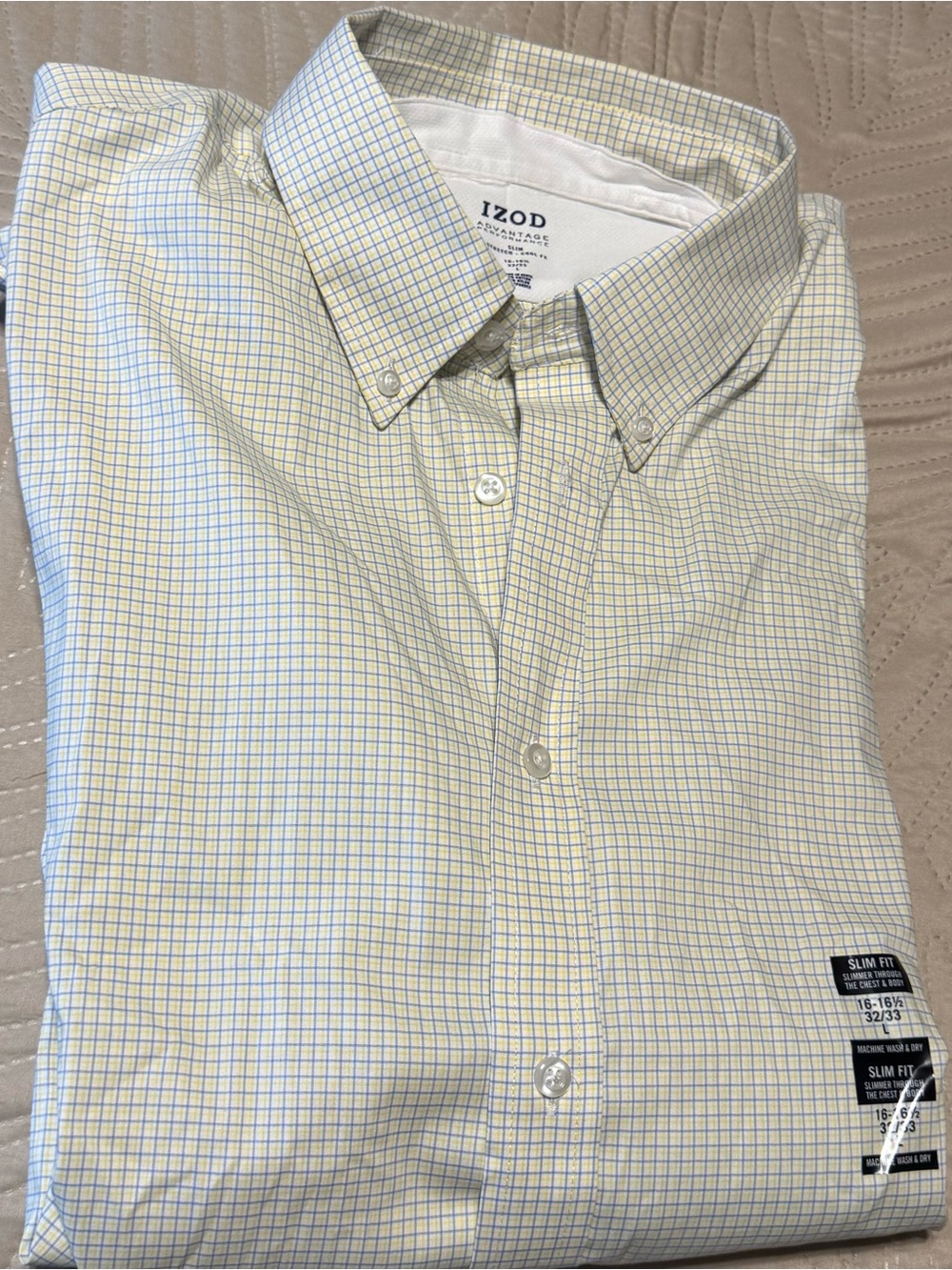 IZOD NWT Men's cream w/ blue little boxes L/S Button-Down Shirt. Sz Large
